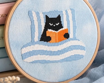 Black Cat Reading Book Cross Stitch Pattern (PDF Instant Download) Easy Small Xstitch Pattern  Cottagecore Funny Bedroom Decor Wall Art