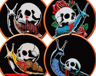 Paquete de 4 patrones PDF de punto de cruz gótico, babosa de lluvia, caracol, calavera mágica, diablo místico, bordado, gótico, bruja, brujería, oscuro, celta, hongo