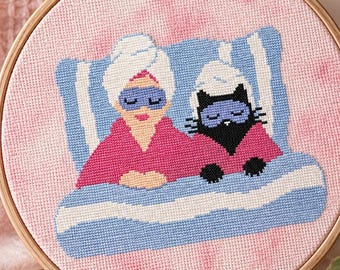 Woman and a Black Cat Relaxing Cross Stitch Pattern (PDF Download) Easy Small Xstitch Pattern Cottagecore Funny Bedroom Decor Wall Art