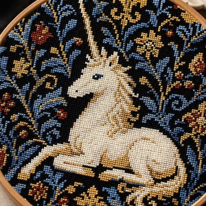 May include: A cross-stitch embroidery project in a circular wooden hoop featuring a white unicorn centered against a black background with blue and gold floral patterns. The design includes intricate needlework details in shades of yellow, blue, and red, showcasing a mythical creature surrounded by stylized botanical elements.