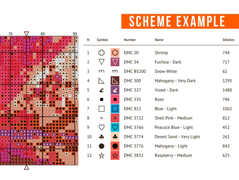 May include: A cross-stitch pattern chart titled SCHEME EXAMPLE, featuring a grid of symbols on the left and a color key on the right. The key lists 12 DMC thread colors, including Shrimp, Fuchsia, Snow White, Mahogany, Violet, Rose, Blue, and Pink.