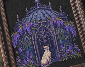 Gothic Conservatory Cross Stitch Pattern: Cat, Wisteria (PDF Download) Dark Academia Wall Art Vitrage Stained Glass Floral Flowers