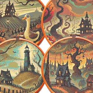 SET van 4 goth griezelige kruissteekpatronen BUNDEL PDF skelet macaber spookachtig romantisch trendy schattig grappig donker vuurtorenhuis landschap