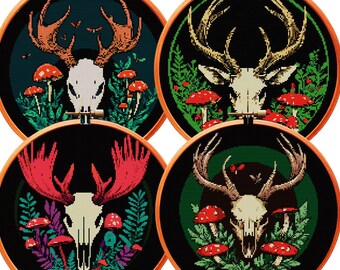 Punto de cruz PAQUETE de 4 patrones PDF Cráneo mágico Planta Místico Floral Fantasía Gótica Bordado Bruja gótica Arte oscuro Celta Hongo