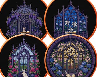 Conjunto de 4 patrones de punto de cruz en PDF: Gato de jardín gótico - Vitral, invernadero, decoración victoriana Dark Academia