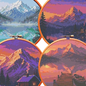 Könnte beinhalten: Vier runde Stickrahmen mit Kreuzstichmotiven von Berglandschaften. Die Designs zeigen schneebedeckte Gipfel, Kiefernwälder, Hütten, einen Holzsteg und ein Boot in lebendigen Farbpaletten aus Blau, Violett, Orange und Pink.