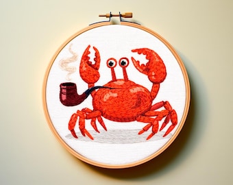 Patrón PDF de bordado a mano con código de color de hilo DMC - Lindo y divertido cangrejo con temática marina, decoración infantil, fácil manualidad, puntada de satén para niños, fácil