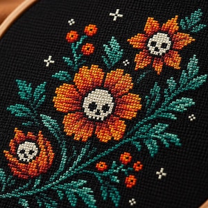 Könnte beinhalten: Ein Kreuzstich-Stickprojekt in einem Holzrahmen auf schwarzem Stoff. Das Design zeigt drei orangefarbene und rote Blumen mit weißen Totenköpfen in der Mitte, umgeben von blaugrünen Blättern, kleinen orangefarbenen Beeren und weißen Kreuzakzenten.