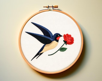 Patrón PDF de bordado a mano con código de color de hilo DMC: temática gótica, golondrina, tatuaje, calavera, rosa, decoración de dormitorio oscura, artesanía fácil, puntada de satén