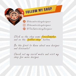 K&ouml;nnte beinhalten: Eine Grafik mit einem roten Herzen und dem Text "FOLLOW MY SHOP" in Gelb und Orange. Die Grafik enth&auml;lt Social-Media-Handles f&uuml;r @theembroiderydesigner auf TikTok, Instagram und Pinterest. Der Text lautet au&szlig;erdem "Klicke auf den Shop-Namen FreeSampler und auf den "Shop folgen"-Button. Sei der Erste, der von neuen Designs und Rabatten erf&auml;hrt! Schau dir meine Social-Media-Kan&auml;le an und besuche meinen Shop f&uuml;r weitere Designs."