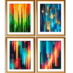 以下が含まれることがあります： 縦の色の線が入った抽象画が4つ額装されています。絵画は赤、オレンジ、黄色、緑、青、紫の色合いです。