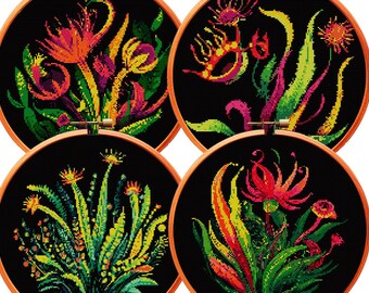 Punto de cruz PAQUETE de 4 patrones PDF Planta Místico Floral Rosas Fantasía Gótico Gótico Brujería Arte Oscuro Celta Fácil De Moda Bordado Calavera