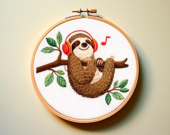 Patrón PDF de bordado a mano con código de color de hilo DMC: música de perezoso, lindo y divertido tema infantil, decoración de guardería de bosque tropical, puntada artesanal fácil