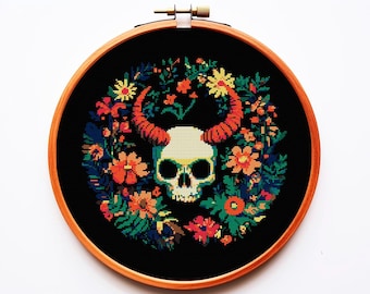 Patrón de punto de cruz mágico PDF Calavera Planta Mística Diablo Floral Rosas Fantasía Gótica Bordado Gótico Bruja Brujería Arte Oscuro Celta Hongo