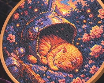 Sleeping Cat Cross Stitch Pattern (PDF Download) – Floral Sunset Knight Helmet  Embroidery Chart