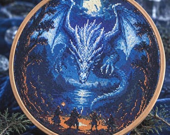 Dragon Large Cross Stitch Pattern: Mystical Night Scene Embroidery Design (PDF Download) Gothic Medieval Xstitch Dark Academia Decor Goth