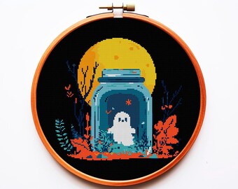 Patrón de punto de cruz gótico moderno PDF Bordado Fantasma en un frasco Botella Madera Boho Brujería Arte de punto de cruz Espeluznante Pequeño Lindo Divertido Xstitch