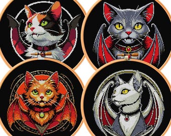 SET of 4 Goth Cross Stitch Patterns BUNDLE PDF Cat Skeleton Elegant-Skull Raven Rook Crow Macabre Spooky Romantic Trendy Cute Funny Dark