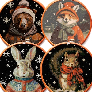 SET of 4 Cross Stitch Patterns BUNDLE PDF Winter New Year Christmas Xsmas Deal Sale Fox Hare Rabbit Squirrel Bear Xsmas Xstitch Cute Funny