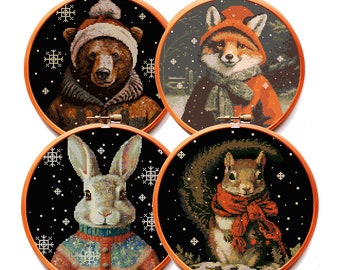 SET of 4 Cross Stitch Patterns BUNDLE PDF Winter New Year Christmas Xsmas Deal Sale Fox Hare Rabbit Squirrel Bear Xsmas Xstitch Cute Funny