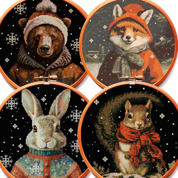 SET of 4 Cross Stitch Patterns BUNDLE PDF Winter New Year Christmas Xsmas Deal Sale Fox Hare Rabbit Squirrel Bear Xsmas Xstitch Cute Funny