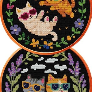 4er-Set Kreuzstichmuster (PDF) Lustiges, verspieltes Kätzchen, skurrile Katze, einfache Kreuzstich-Blumenstickerei, Blumen, Schmetterling, Pixelkunst