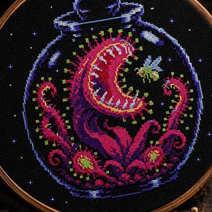 May include: A circular embroidery hoop containing a cross-stitch design on black fabric. The image depicts a vibrant pink and purple carnivorous plant with sharp white teeth inside a glass jar, accompanied by a small green fly and tiny white stars.