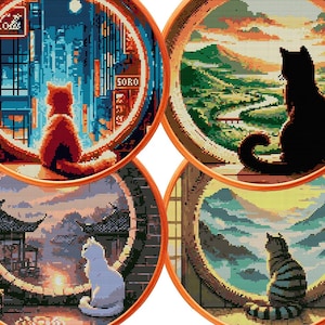 Può includere: Quattro cerchi di ricamo rotondi con diverse scene con gatti. Il primo cerchio mostra un gatto in una scena di città con un cartello al neon che dice "Soro". Il secondo cerchio mostra un gatto che guarda un paesaggio di tramonto. Il terzo cerchio mostra un gatto in una stanza con una finestra che guarda un cielo nuvoloso. Il quarto cerchio mostra un gatto che guarda una catena montuosa.
