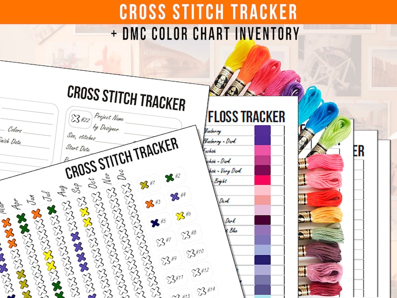 Cross Stitch Habit Tracker Pdf Printable and DMC Thread Color Chart Inventory Sheet Cross Stitch