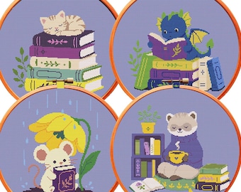 Conjunto de 4 patrones de punto de cruz de animales del bosque – Decoración infantil para amantes de los libros (descarga instantánea en PDF) Arte en bastidor