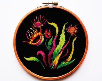 Patrón de punto de cruz Planta Mística PDF Moderno Floral Rosas Fantasía Gótica Gótica Brujería Arte Oscuro Celta Fácil Principiante De Moda Bordado Calavera