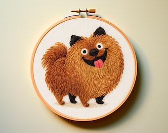 Patrón PDF de bordado a mano con código de colores de hilo DMC: perro Pomeranian Doodle, regalo para mamá, artesanía fácil, bordado floral, puntada de satén.