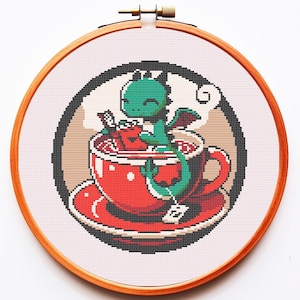 Patrón de punto de cruz de dragón de té PDF Fácil Pequeños animales lindos Libro divertido Libro acogedor Chibi Anime Kawaii Cuento de hadas Descarga instantánea Xstitch