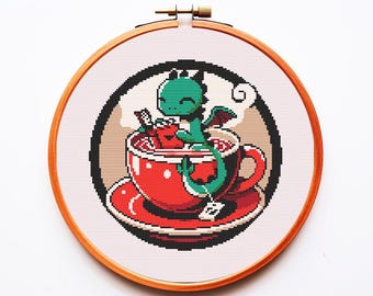 Tea Dragon Cross Stitch Pattern PDF Easy Little Cute Animals Fun Book Bookwarm Cozy Chibi Anime Kawaii Fairy Tale Instant Download Xstitch