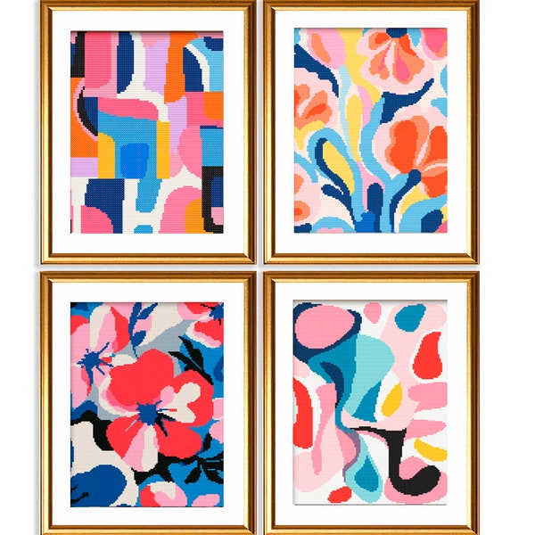 SET of 4 Abstract Cross Stitch Pattern PDF BUNDLE Deal Sale Modern Counted Large Chart Full Coverage Xstitch Easy Beginner Friendly Gift Art