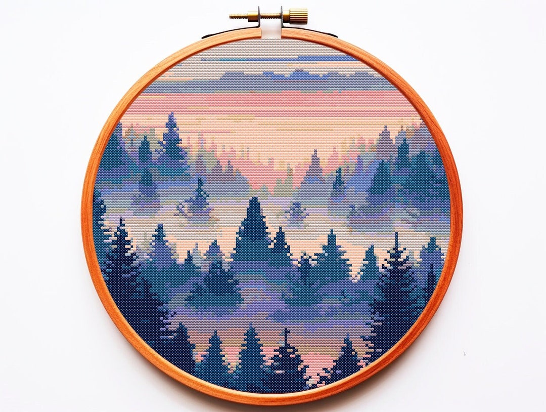 Modern Cross Stitch Pattern PDF Nature Forest Woods Fog Landscape Trees ...