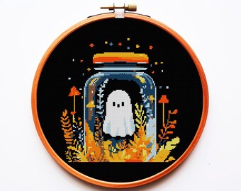 Patrón de punto de cruz gótico moderno PDF Bordado Fantasma en un frasco Botella Madera Boho Brujería Arte de punto de cruz Espeluznante Pequeño Lindo Divertido Xstitch
