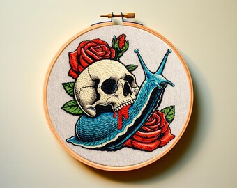 Patrón PDF de bordado a mano con código de color de hilo DMC - Tema gótico, calavera, rosa, ropa oscura, decoración de dormitorio, artesanía fácil, puntada de satén