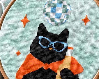 Disco Cat Cross Stitch Pattern (PDF Download) – Fun Animal Embroidery Chart Easy Small Xstitch Pattern Cottagecore Funny Bedroom Decor