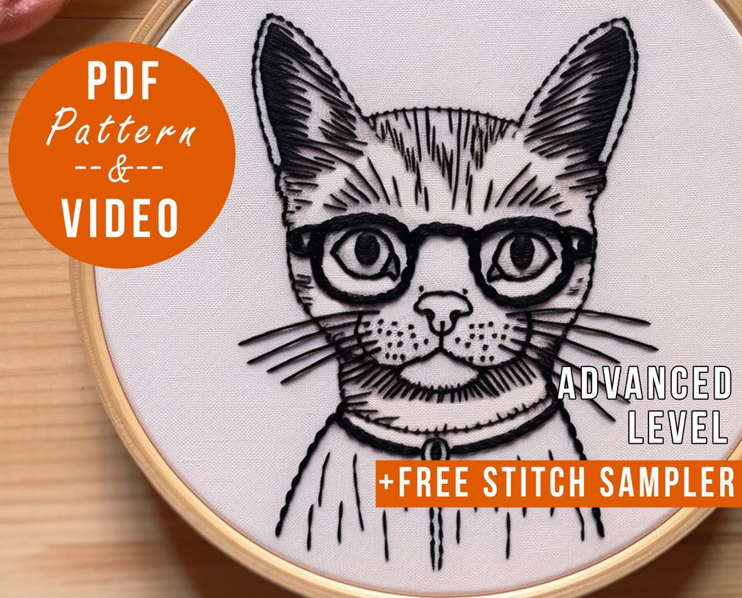 Modern Embroidery Pattern Pdf Cat Wearing Glasses Tabby Cat Calico ...