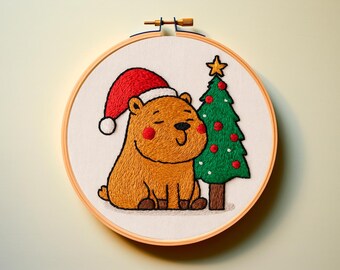 Patrón PDF de bordado a mano con código de color de hilo DMC: lindo capibara, divertido dibujo de mascota, regalo para mamá, manualidad fácil, bordado floral, puntada de satén