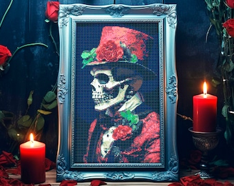 Modern Cross Stitch Witch Victorian Skeleton Macabre art decor Antique home Subversive Funny Cult classic Horror Creepy Death Spooky Xstitch