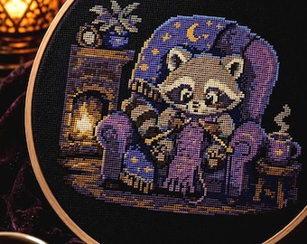 Cozy Knitting Raccoon Cross Stitch Pattern (PDF Download) – Fireplace, Coffee, Books, Stars Dark Academia Nursery Decor Dark Cottagecore