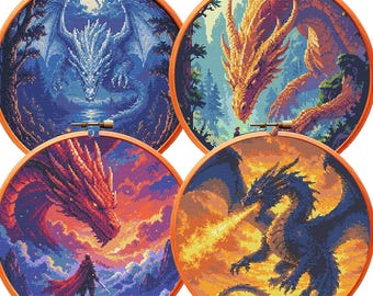 Conjunto de 4 patrones de punto de cruz en PDF: Dragón grande, estilo medieval, fantasía oscura, gráfico de punto de cruz: gótico, místico, decoración Dark Academia.