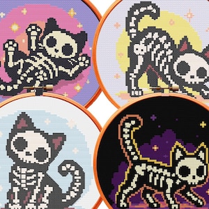SET of 4 Cross Stitch Patterns BUNDLE PDF Gothic Goth Pixel Art Small Tiny Beginner Friendly Easy Fast Dark Fantasy Anime Kitty Kitten