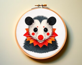 Patrón PDF de bordado a mano de zarigüeya con código de color de hilo DMC - Lindo y divertido payaso infantil con temática de circo, decoración infantil, fácil de coser digital