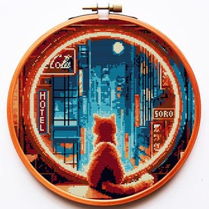 May include: A cross-stitch embroidery of a cat sitting in a doorway with a neon sign that reads "HOTEL" and another sign that reads "SOHO". The cat is looking out at a city street at night.