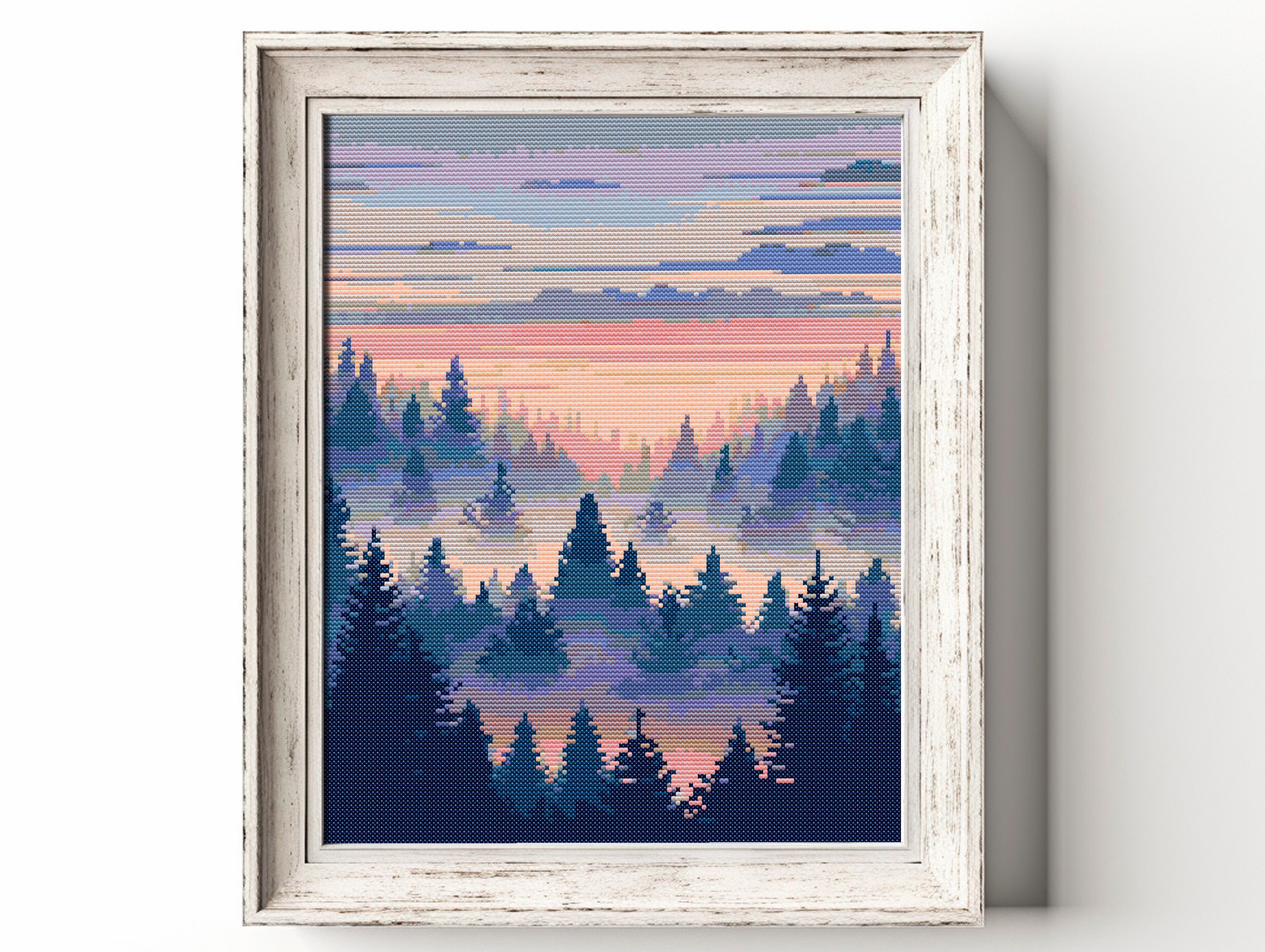 Modern Cross Stitch Pattern PDF Nature Forest Woods Fog Landscape Trees ...