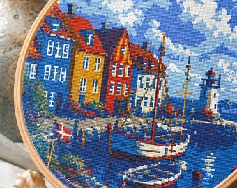 Coastal Town Cross Stitch Pattern: Lighthouse, Boats, Buildings (PDF Download) Scandinavien Hygge European Cityscape Cottagecore Bedroom