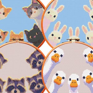 SET of 4 Cross Stitch Patterns BUNDLE PDF Goose Raccoon Cat Kittens Bunny  Animal Chart Xstitch Beginnner Friendly Easy Nursery Decor